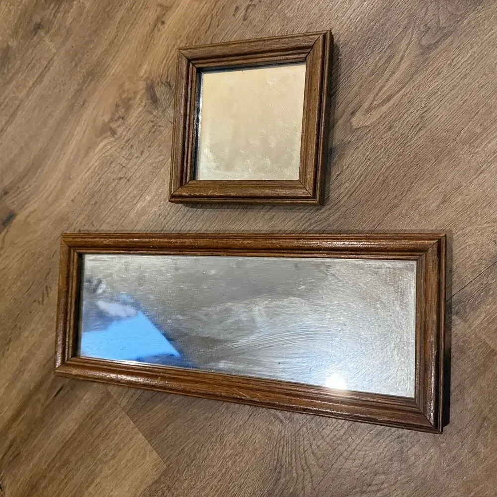 2 VTG Wood Framed Wall Hanging Mirrors Home Decor Gallery Wall Square Rectangle
